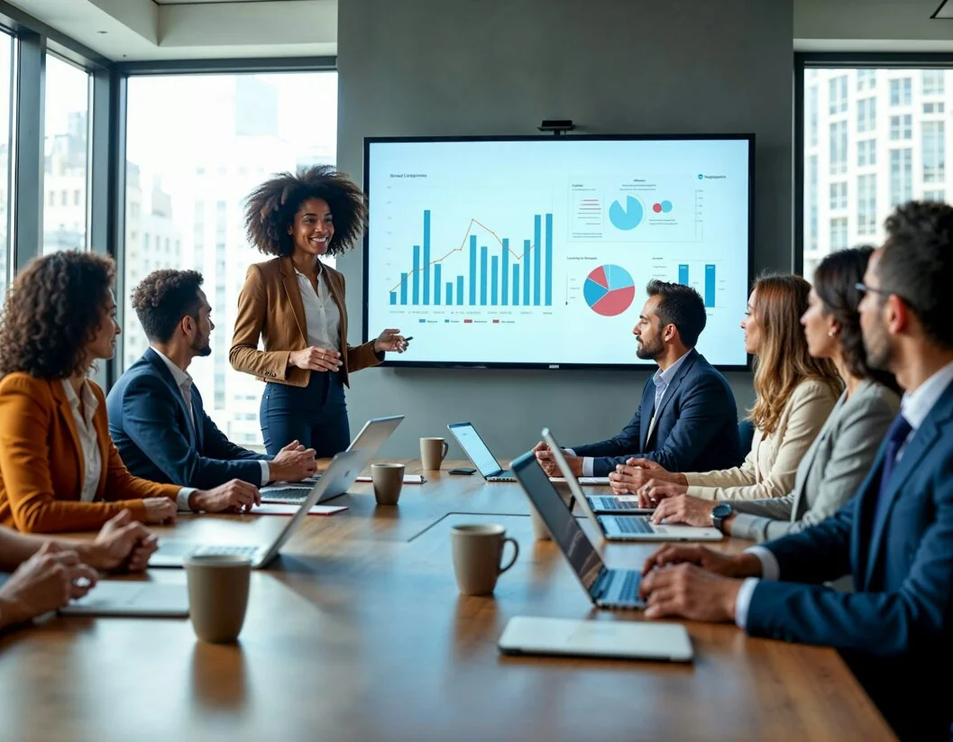 Executives discussing AI strategy in a boardroom setting.
