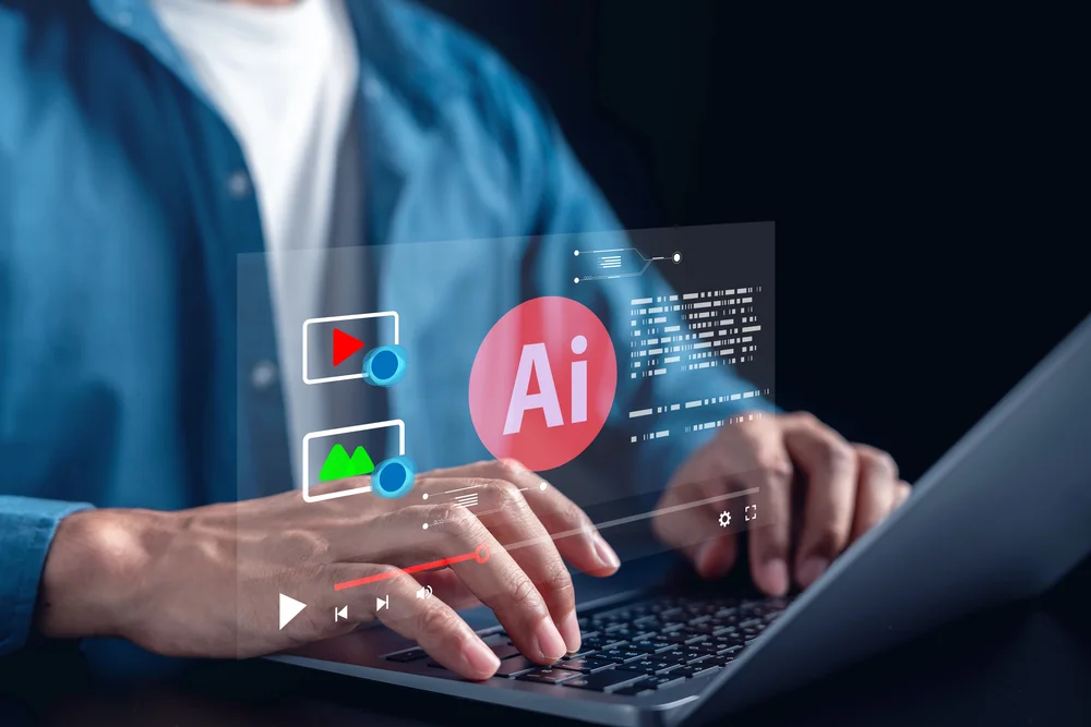 Creative team using AI tools to produce and version enterprise video content.